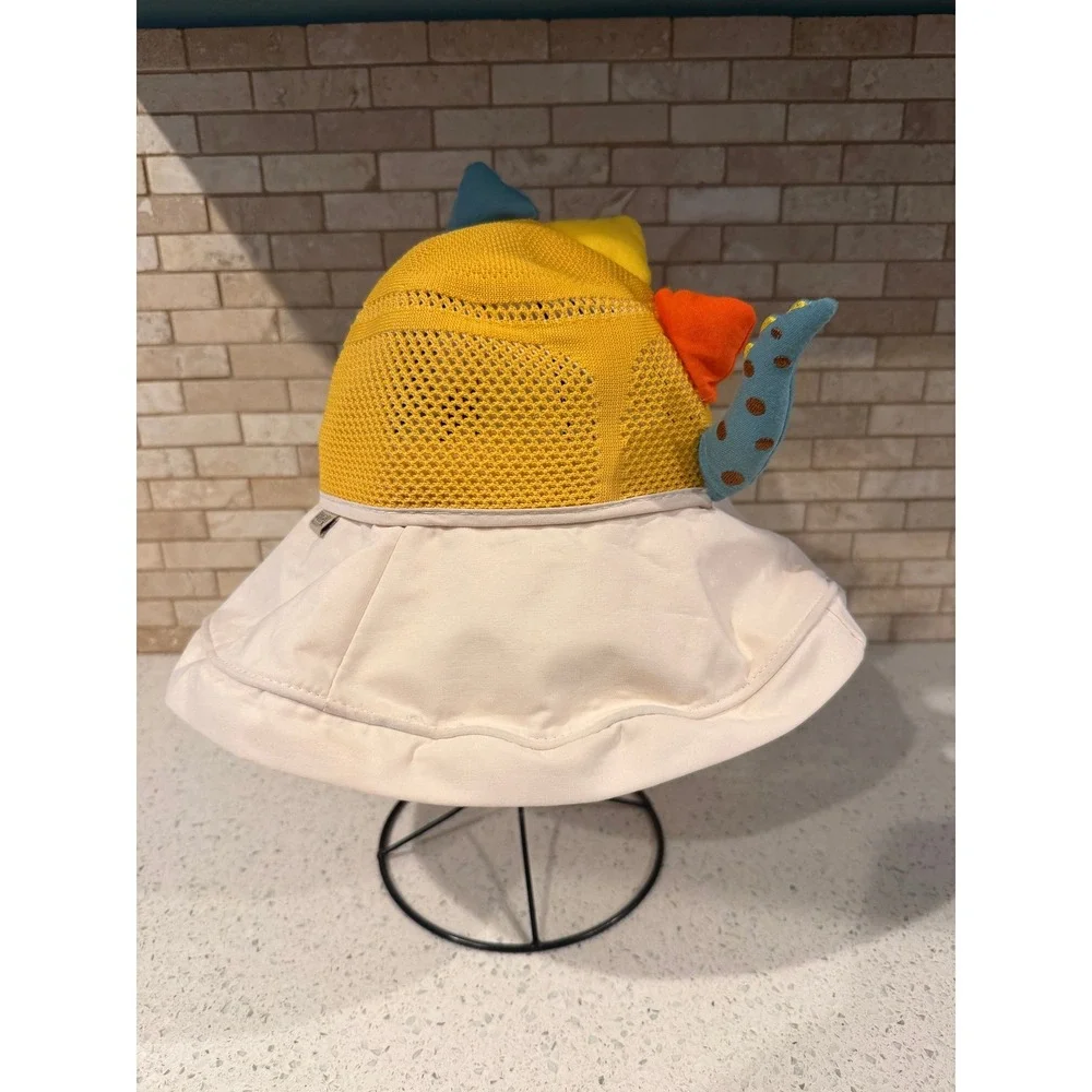 Kids Cartoon Monster Sun Bucket Hat Breathable Mesh Yellow Beige Chin Strap